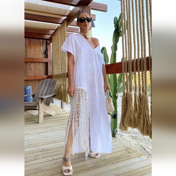 Zara 100% linen fringed macrame white dress Size M - Picture 3 of 17